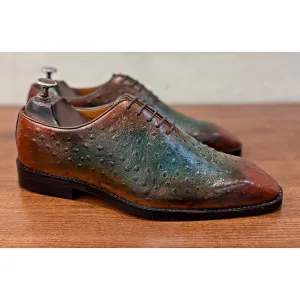 Ostrich Wholecut Oxfords Green Tan