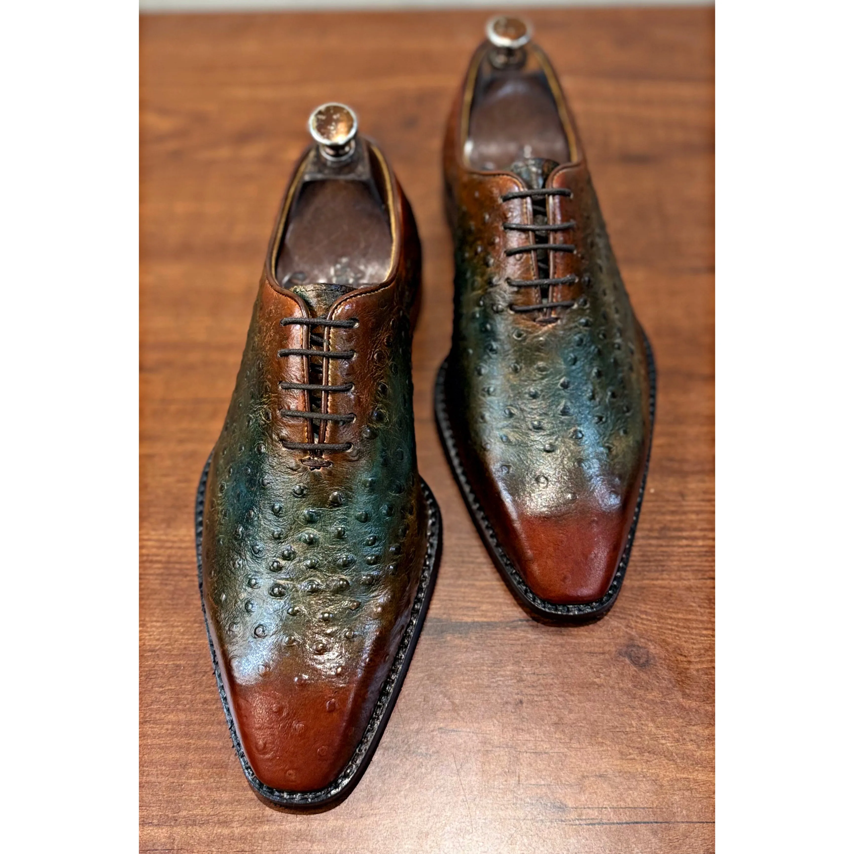 Ostrich Wholecut Oxfords Green Tan