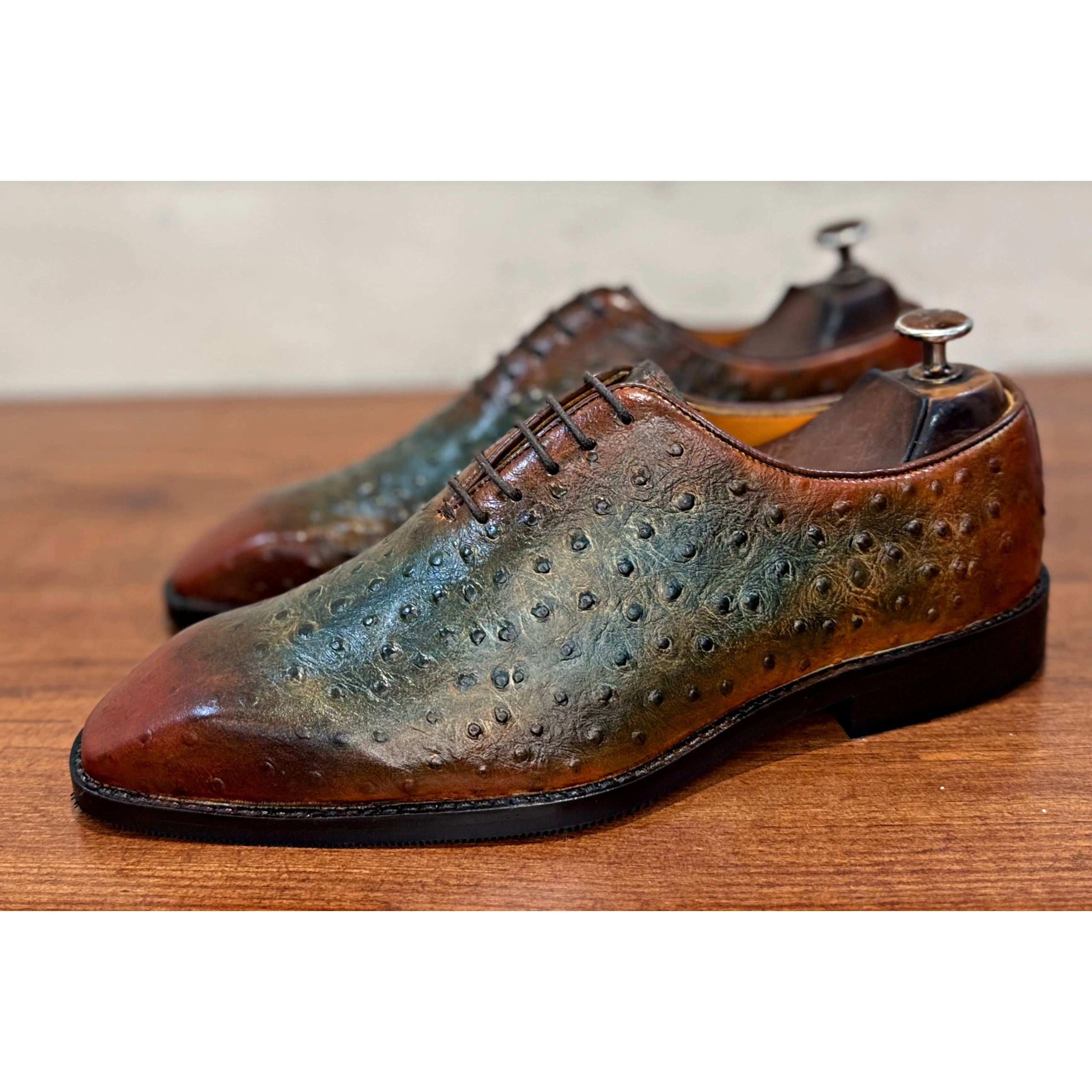 Ostrich Wholecut Oxfords Green Tan