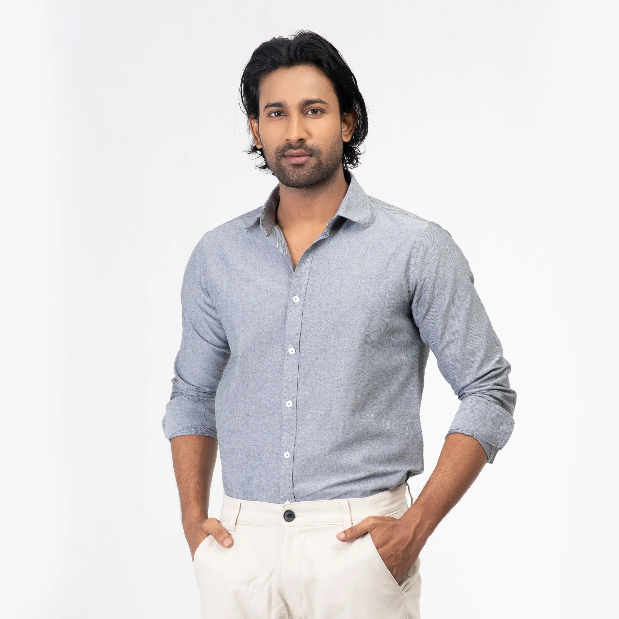 Oxford Cotton Long Sleeve Shirt - Steel Grey