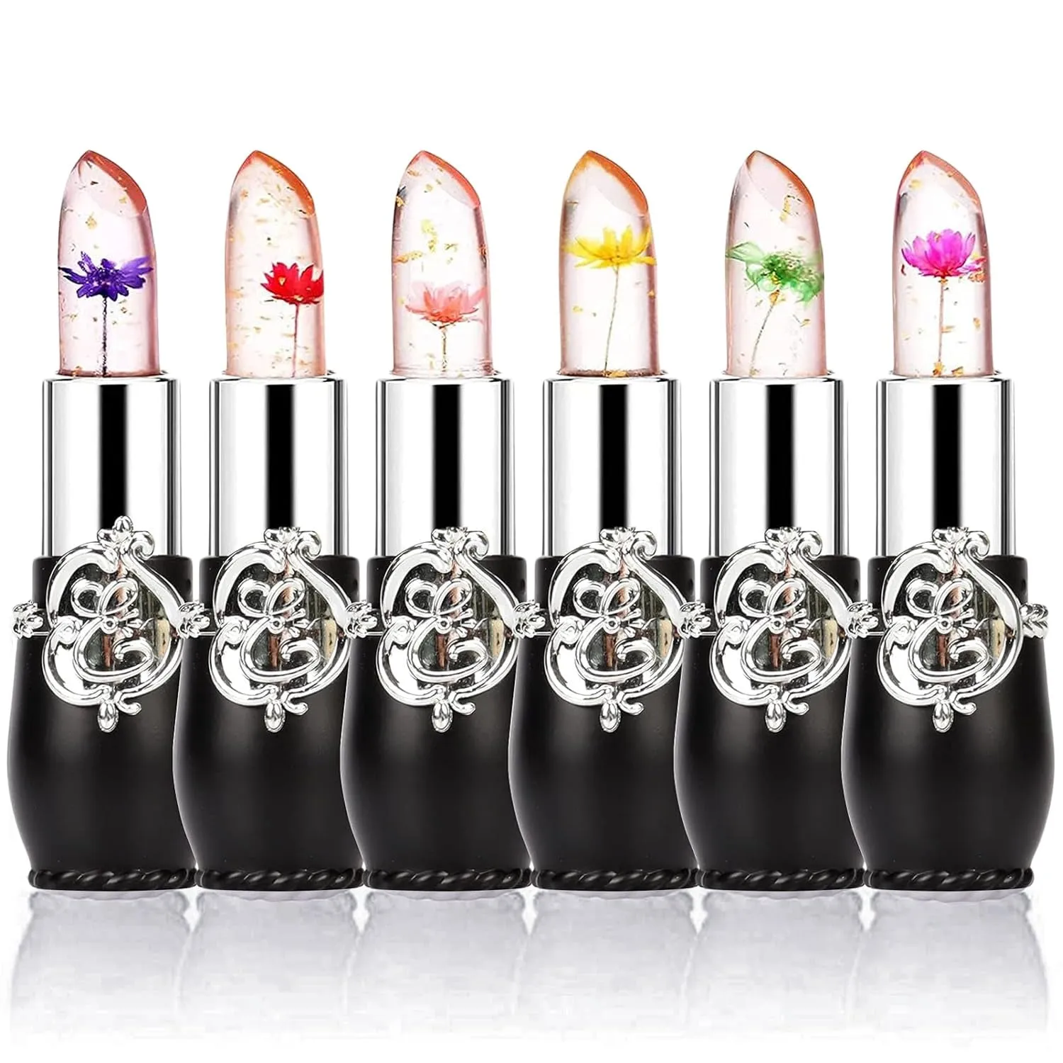 Pack of 6 Crystal Flower Jelly Lipstick, Long Lasting Nutritious Lip Balm Lips Moisturizer Magic Temperature Color Change Lip Gloss (Pink)