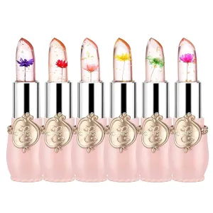 Pack of 6 Crystal Flower Jelly Lipstick, Long Lasting Nutritious Lip Balm Lips Moisturizer Magic Temperature Color Change Lip Gloss (Pink)