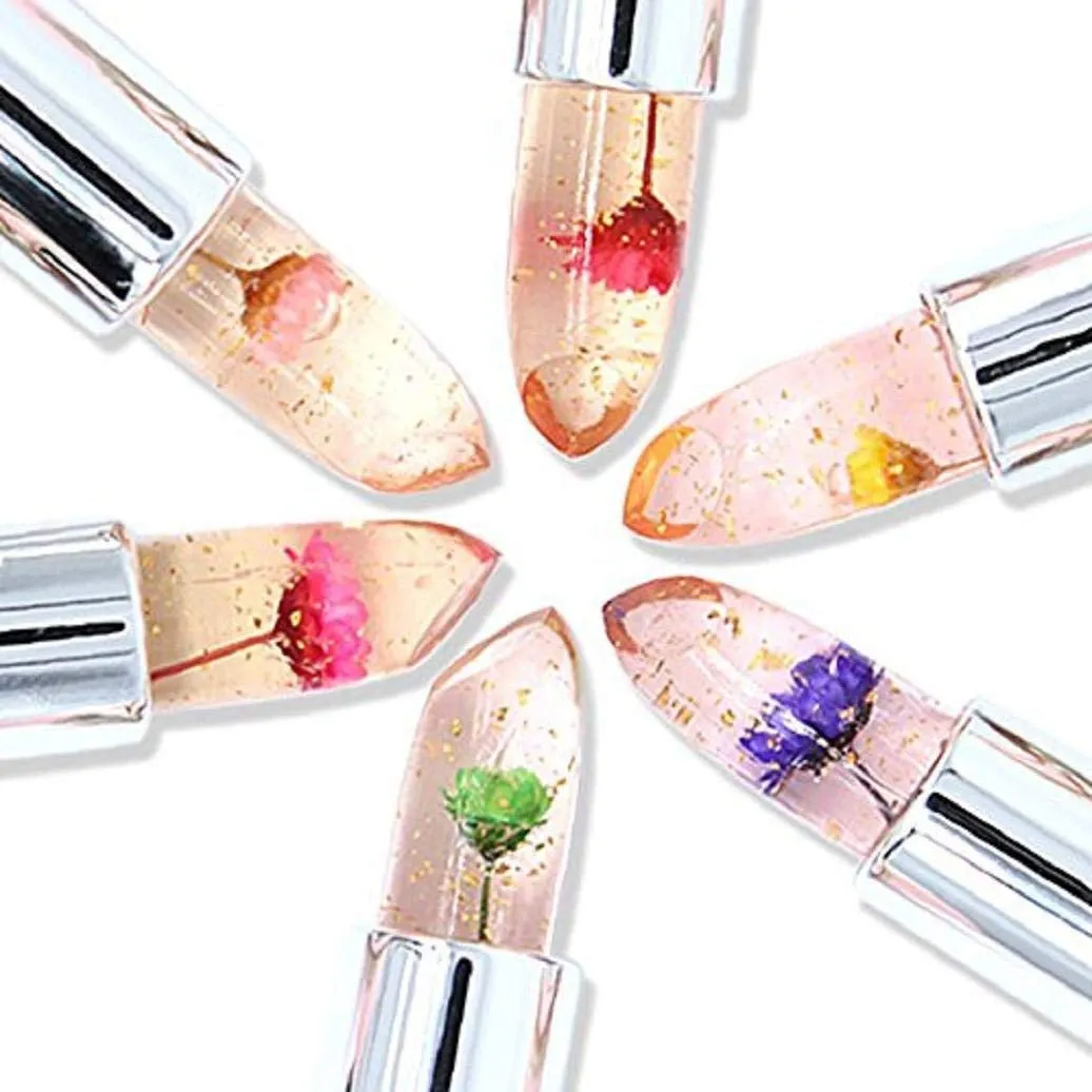 Pack of 6 Crystal Flower Jelly Lipstick, Long Lasting Nutritious Lip Balm Lips Moisturizer Magic Temperature Color Change Lip Gloss (Pink)