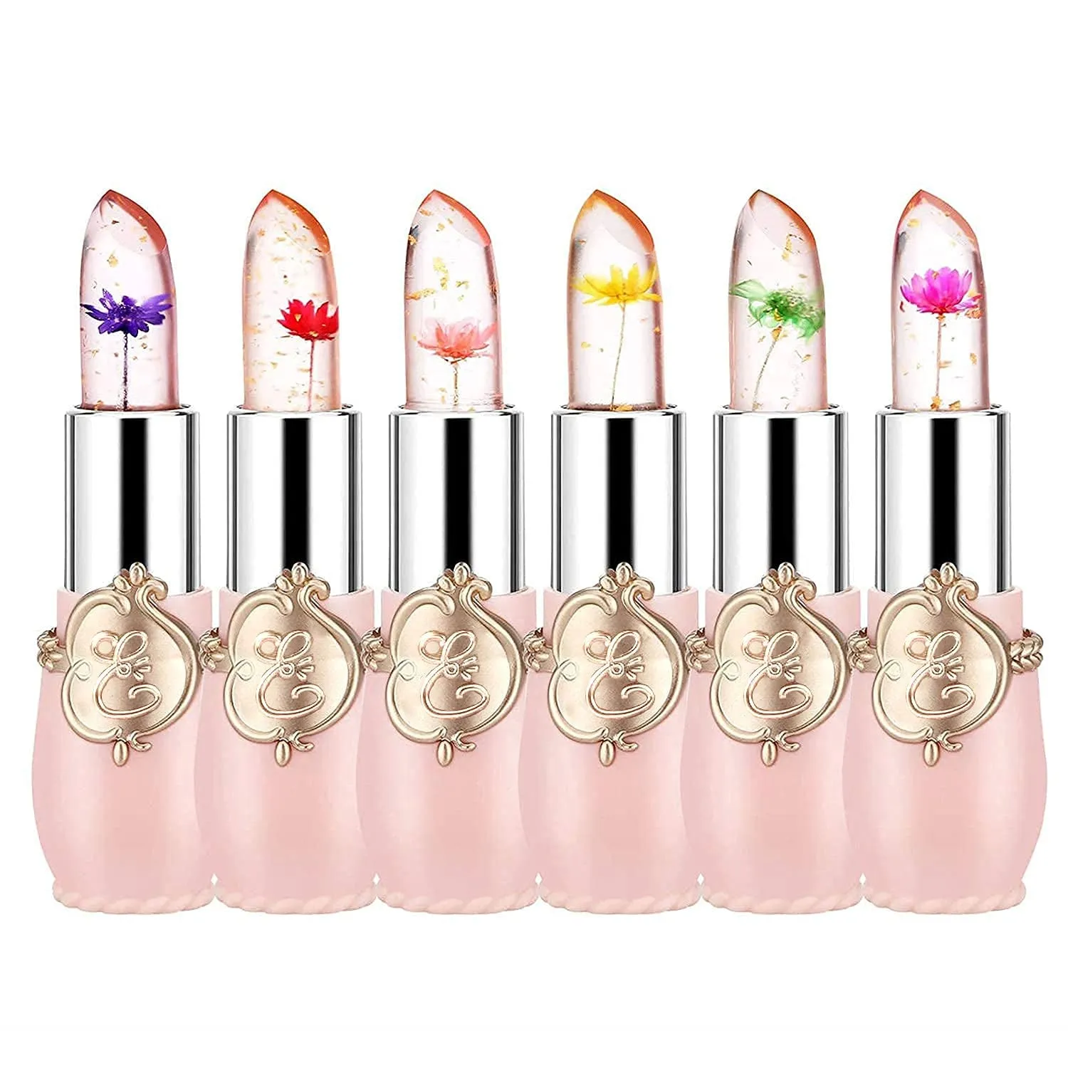 Pack of 6 Crystal Flower Jelly Lipstick, Long Lasting Nutritious Lip Balm Lips Moisturizer Magic Temperature Color Change Lip Gloss (Pink)