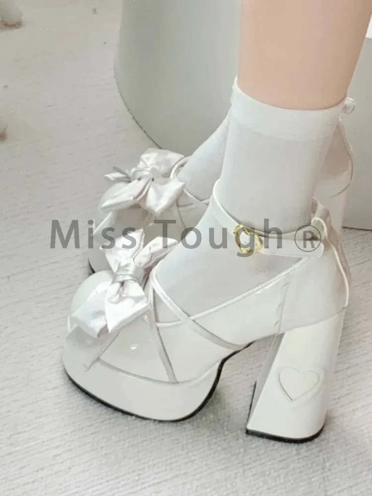 Pink Sweet Lolita Mary Janes Shoes Women Japanese Princess Kawaii High Heels Shoes Female Bow French Vintage Platform Shoes 2024