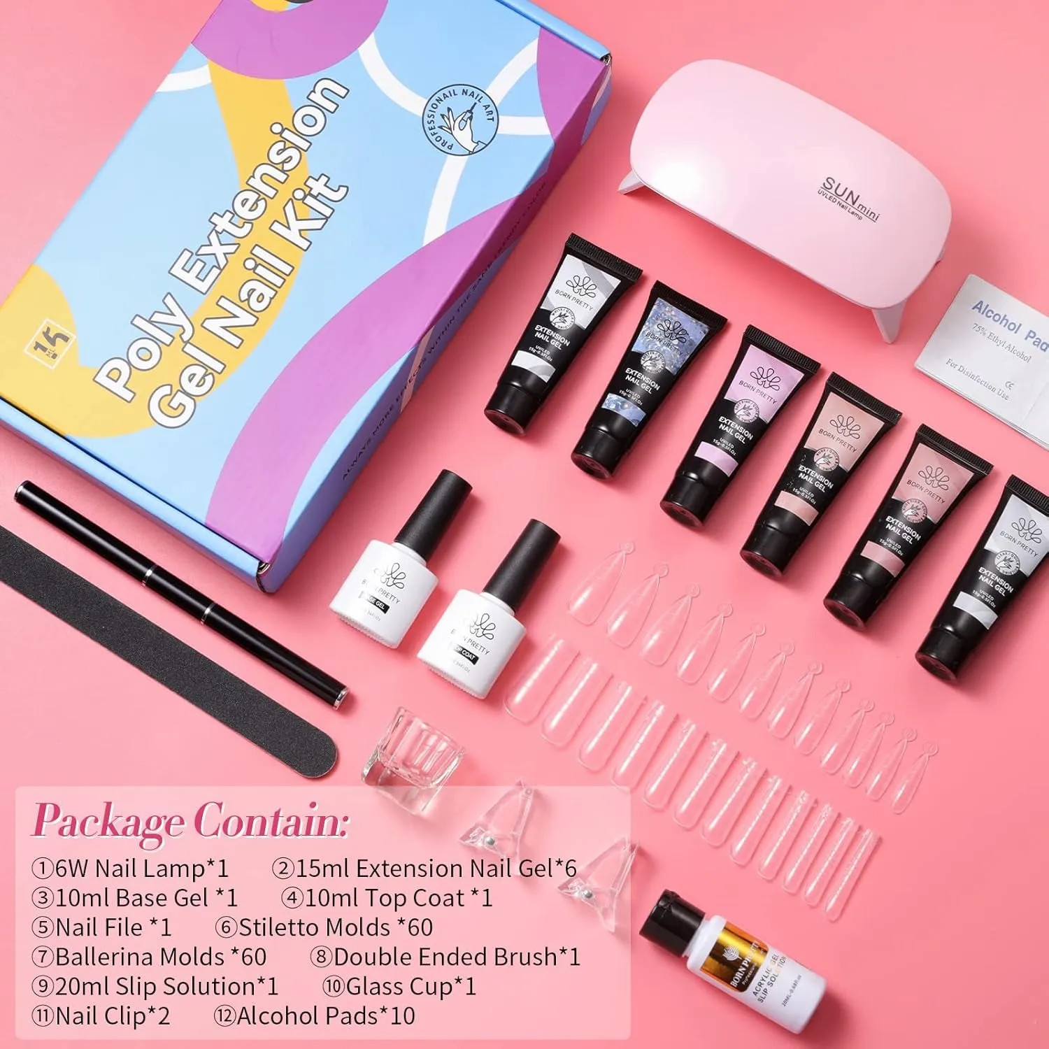 Poly Nail Extension Gel Kit-6 Colors Poly Nails Gel Kit Nude Clear Jelly Pink All in One Kit Builder Glue Gel with Nail Lamp Base Top Coat Set Nail Forms French Manicure Set for Beginner Starter DIY at Home Mother'S Day Gifts