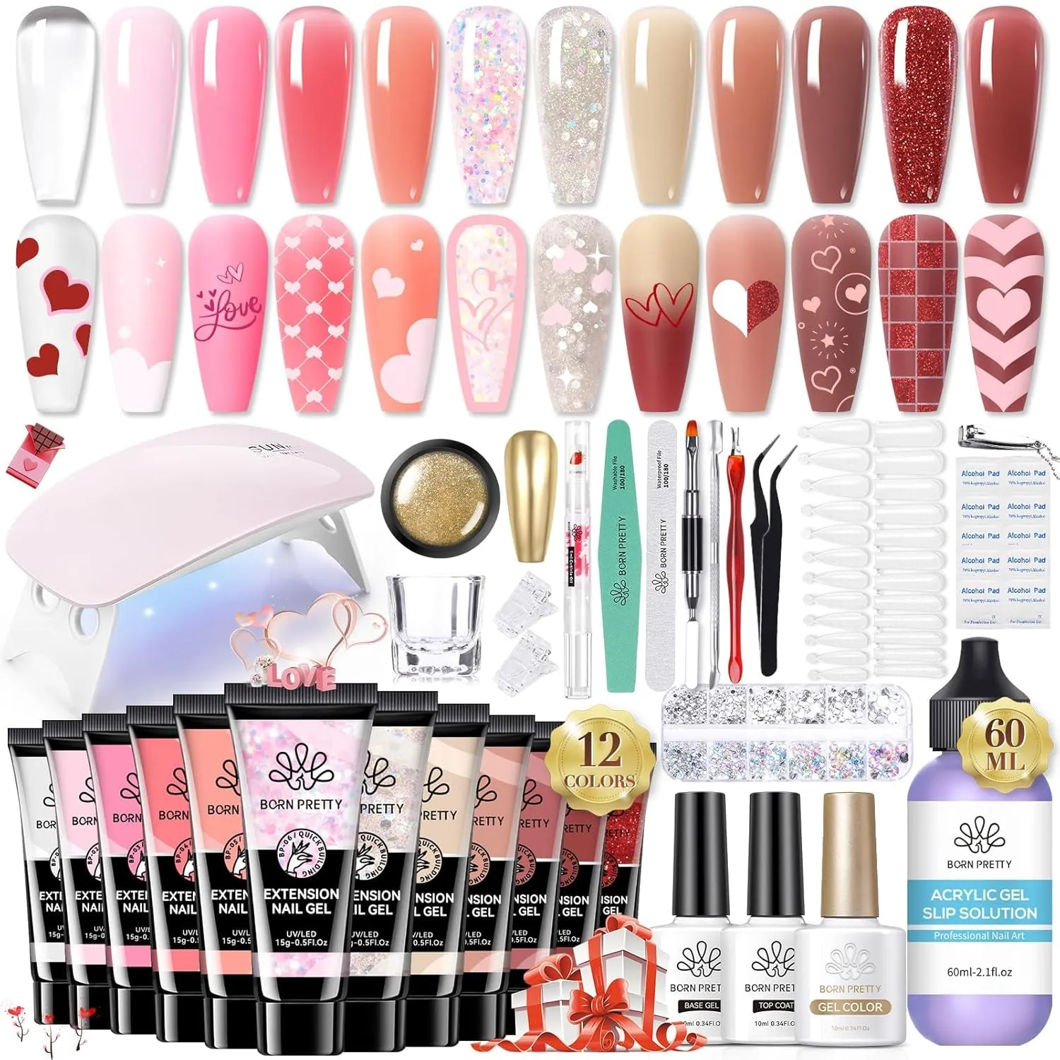 Poly Nail Extension Gel Kit-6 Colors Poly Nails Gel Kit Nude Clear Jelly Pink All in One Kit Builder Glue Gel with Nail Lamp Base Top Coat Set Nail Forms French Manicure Set for Beginner Starter DIY at Home Mother'S Day Gifts