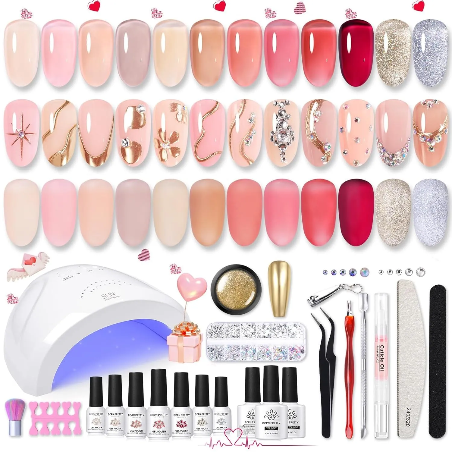 Poly Nail Extension Gel Kit-6 Colors Poly Nails Gel Kit Nude Clear Jelly Pink All in One Kit Builder Glue Gel with Nail Lamp Base Top Coat Set Nail Forms French Manicure Set for Beginner Starter DIY at Home Mother'S Day Gifts