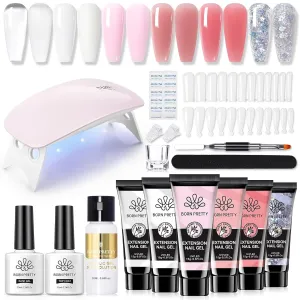Poly Nail Extension Gel Kit-6 Colors Poly Nails Gel Kit Nude Clear Jelly Pink All in One Kit Builder Glue Gel with Nail Lamp Base Top Coat Set Nail Forms French Manicure Set for Beginner Starter DIY at Home Mother'S Day Gifts