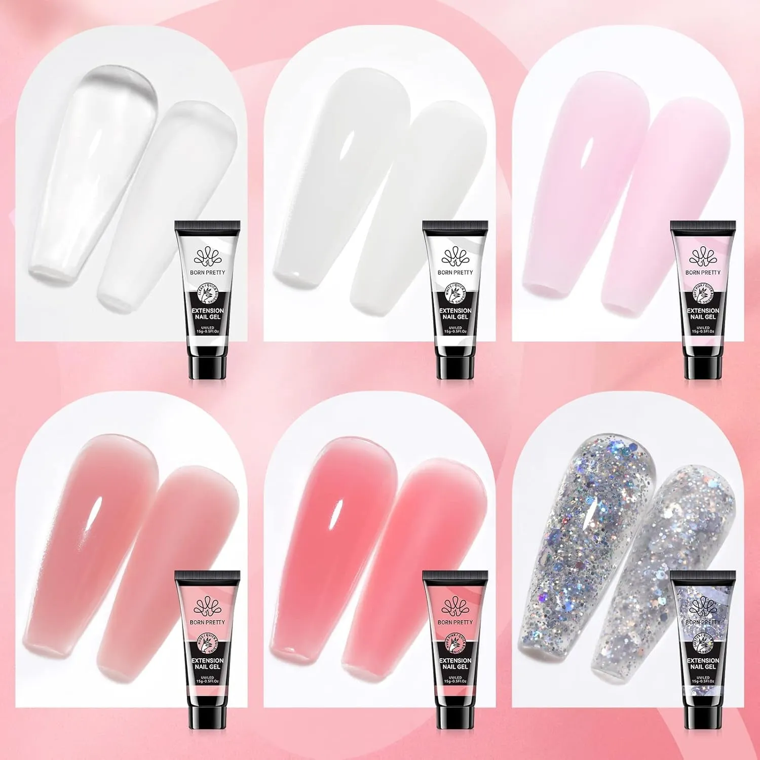 Poly Nail Extension Gel Kit-6 Colors Poly Nails Gel Kit Nude Clear Jelly Pink All in One Kit Builder Glue Gel with Nail Lamp Base Top Coat Set Nail Forms French Manicure Set for Beginner Starter DIY at Home Mother'S Day Gifts