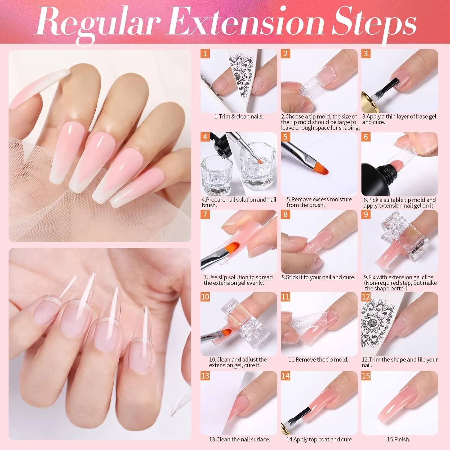 Poly Nail Extension Gel Kit-6 Colors Poly Nails Gel Kit Nude Clear Jelly Pink All in One Kit Builder Glue Gel with Nail Lamp Base Top Coat Set Nail Forms French Manicure Set for Beginner Starter DIY at Home Mother'S Day Gifts