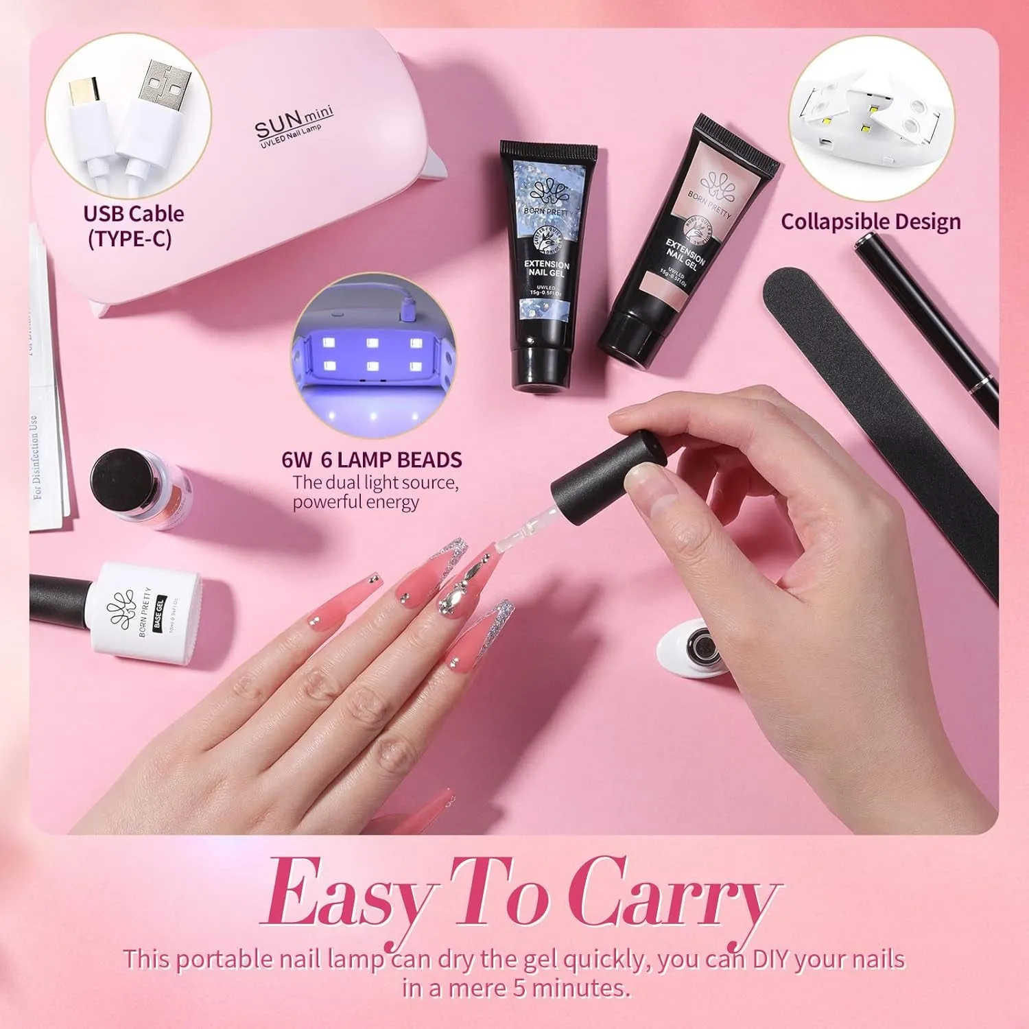 Poly Nail Extension Gel Kit-6 Colors Poly Nails Gel Kit Nude Clear Jelly Pink All in One Kit Builder Glue Gel with Nail Lamp Base Top Coat Set Nail Forms French Manicure Set for Beginner Starter DIY at Home Mother'S Day Gifts