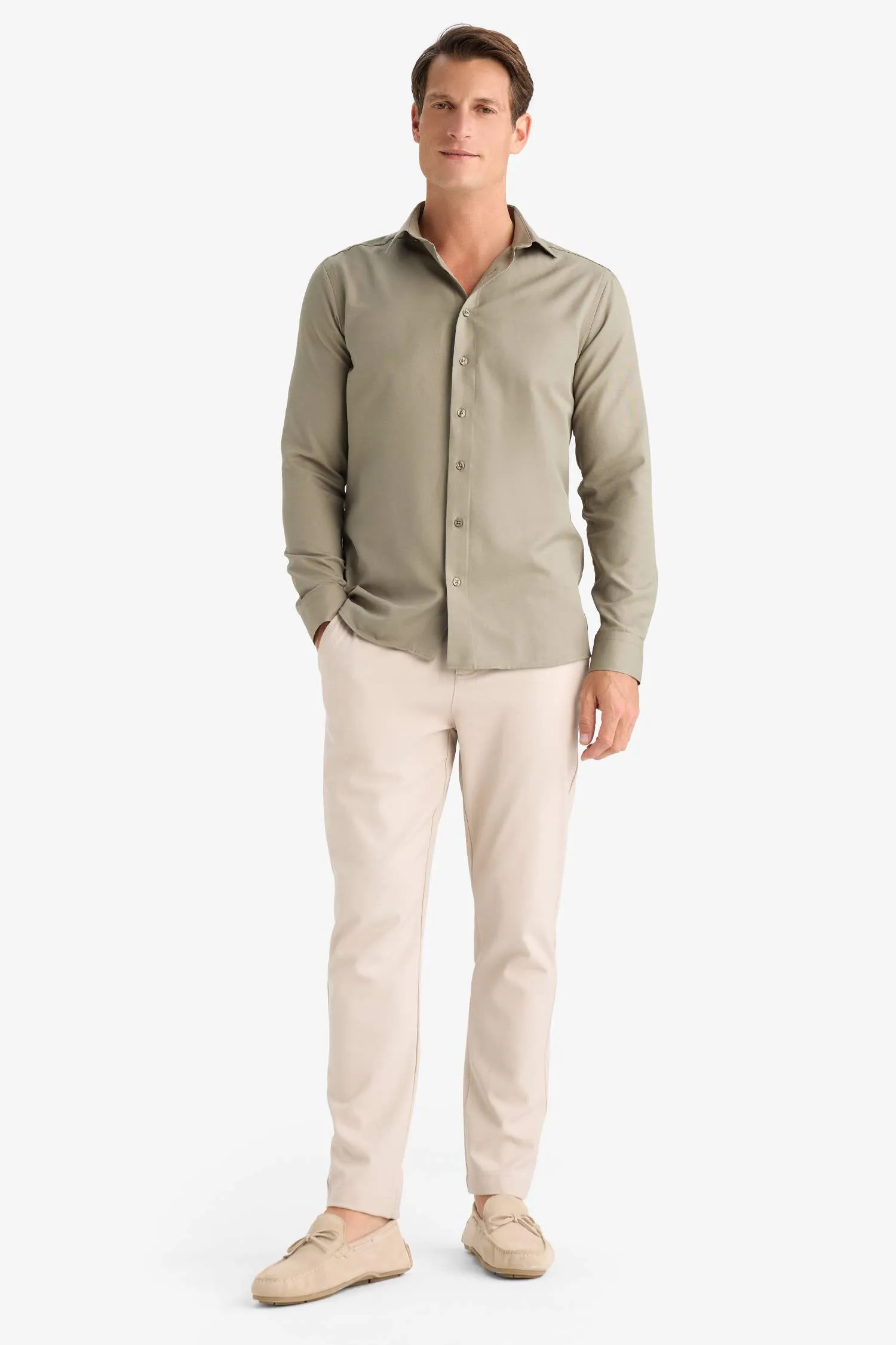 Slim Fit Polo Collar Oxford Long Sleeve Shirt