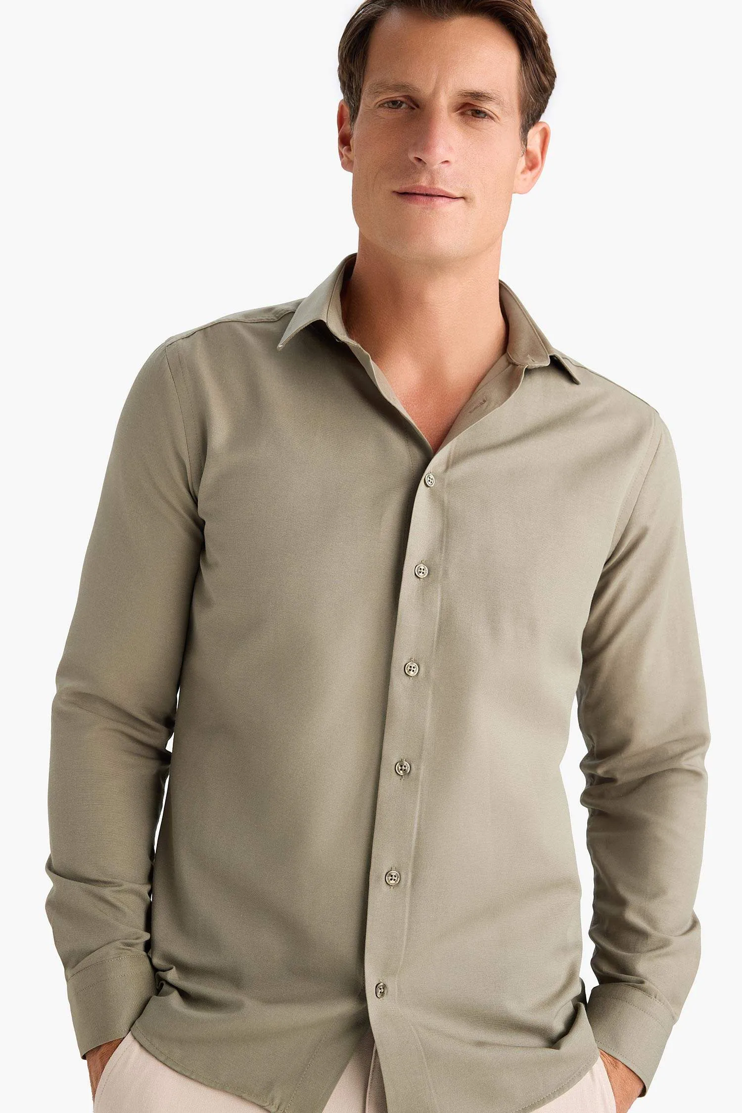Slim Fit Polo Collar Oxford Long Sleeve Shirt