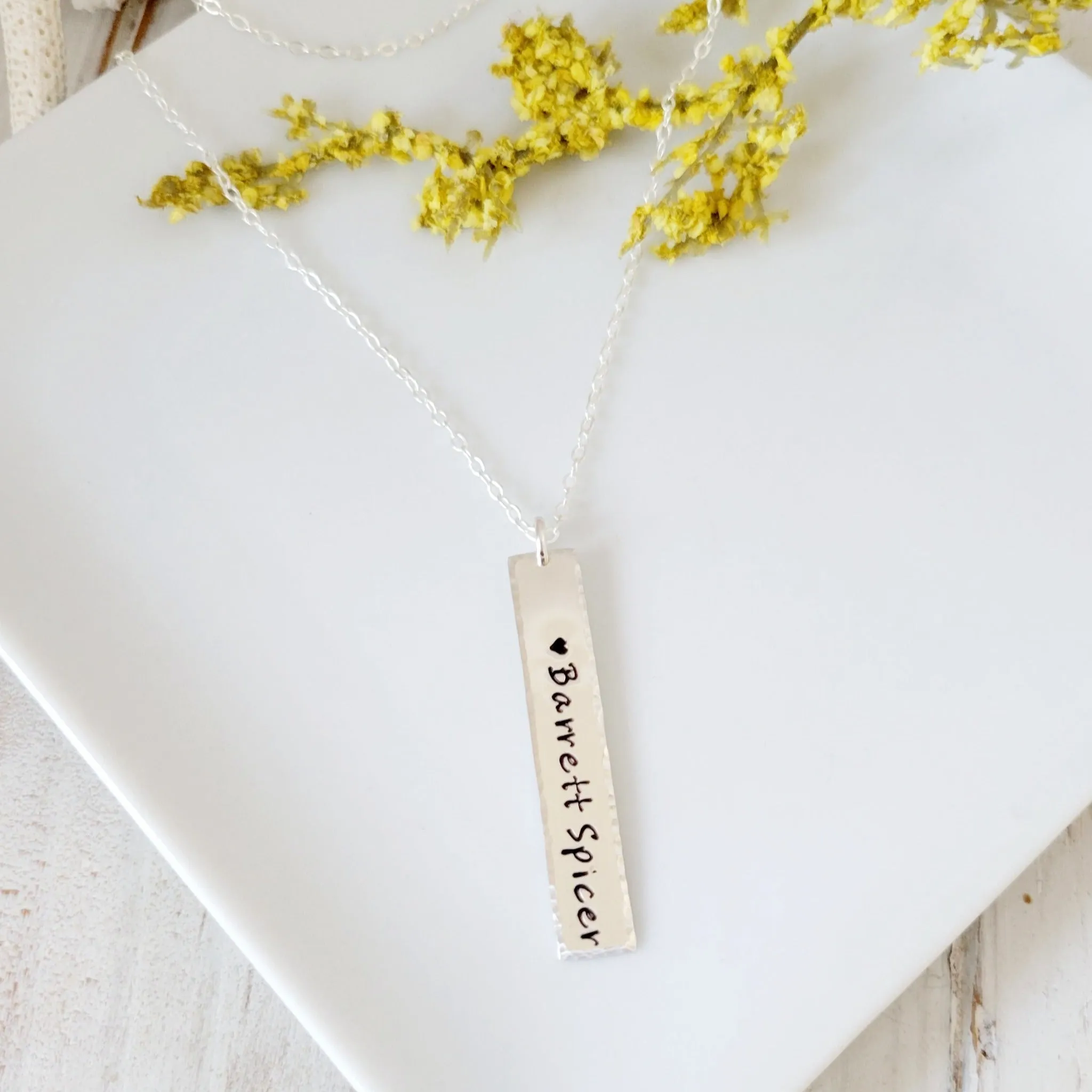 Sterling Silver Vertical Name Bar Necklace - Rounded or Squared Off