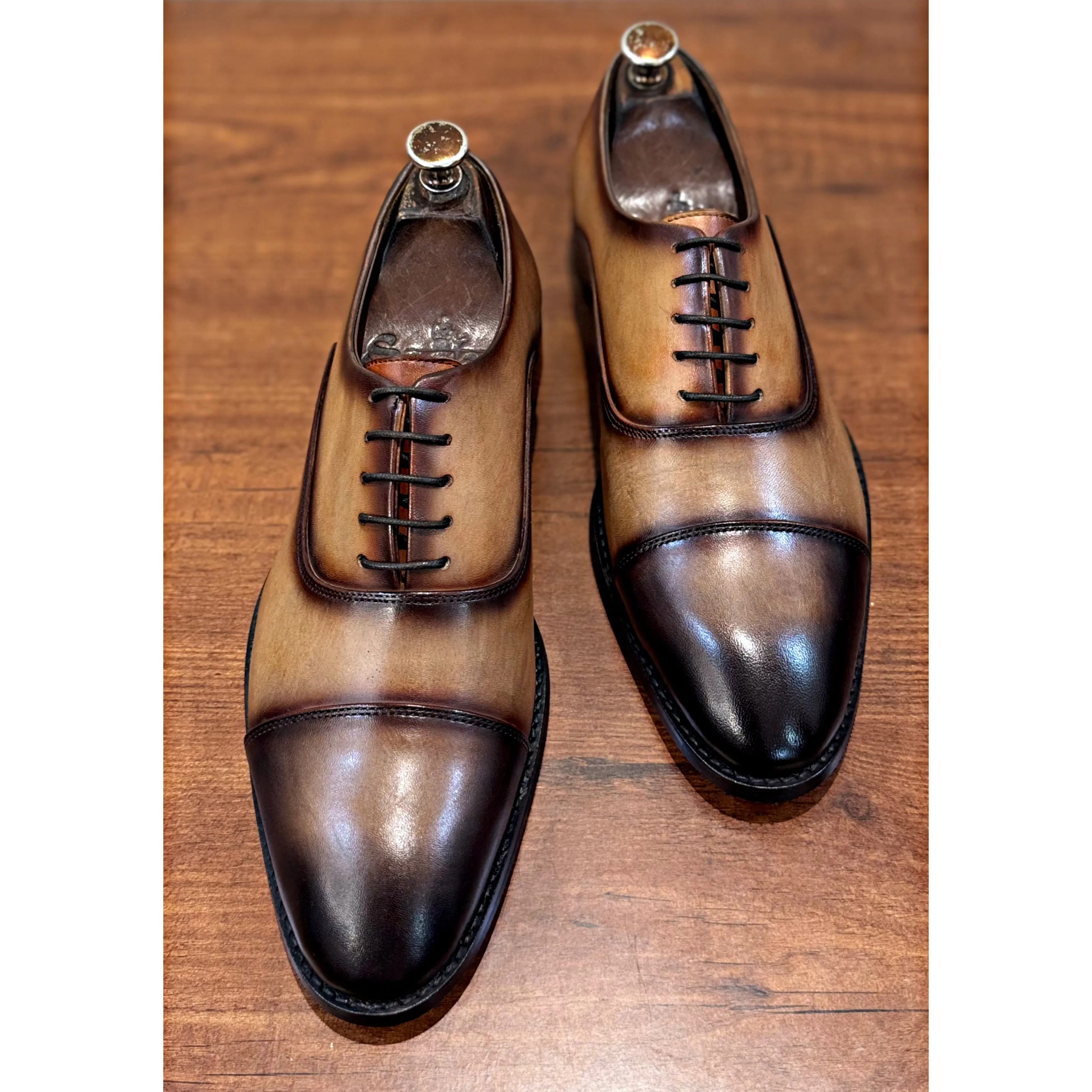 Tan Leather Patina Finish Toecap Oxfords