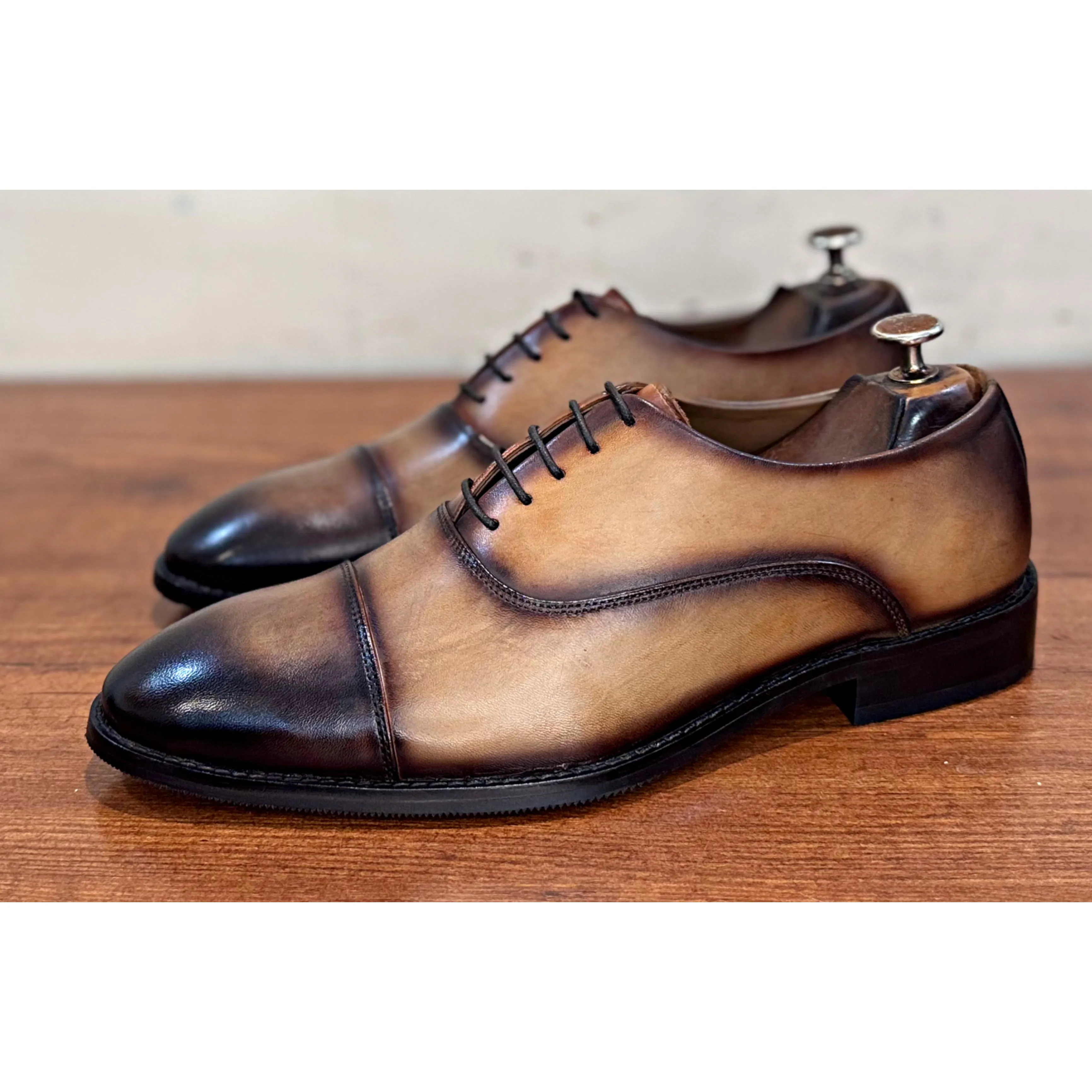 Tan Leather Patina Finish Toecap Oxfords