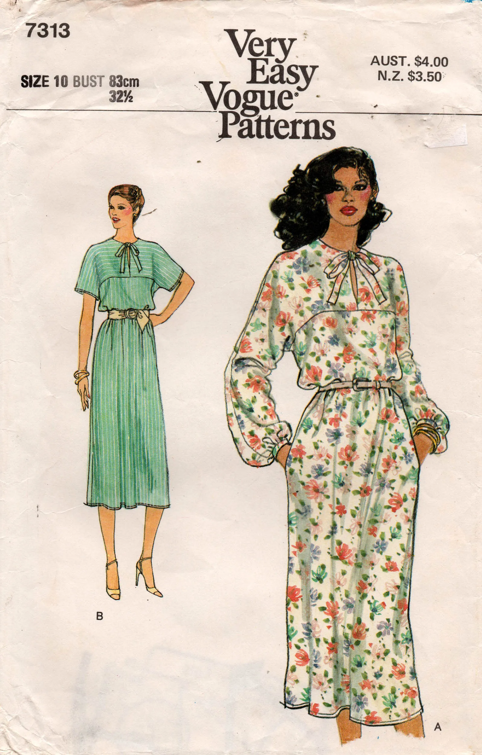 Very Easy Vogue 7313 Womens Yoked Blouson Dress 1970s Vintage Sewing Pattern Size 10 Bust 32 1/2 inches
