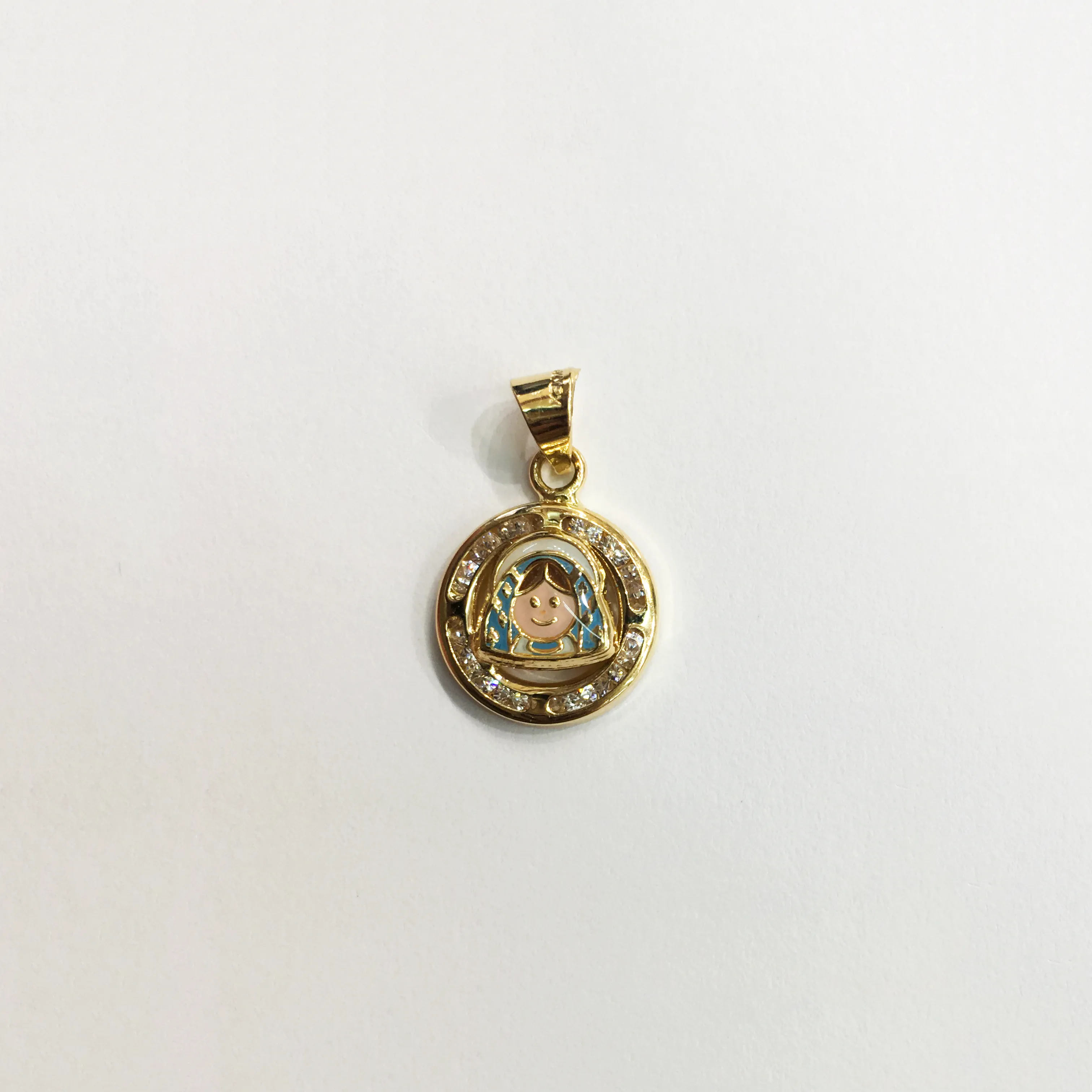 Virgin Mary CZ Mini Round Medallion Pendant (14K)